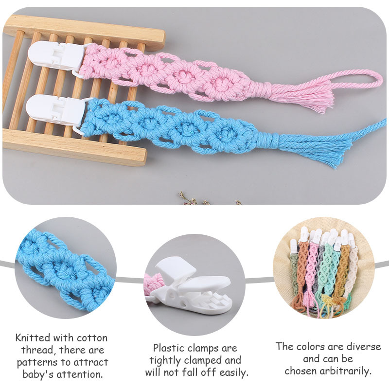 Suministros de bebé nuevo clip de pezón de plástico pezón cuerda creativa bebé DIY hecho a mano tejido de algodón cuerda pezón cadena