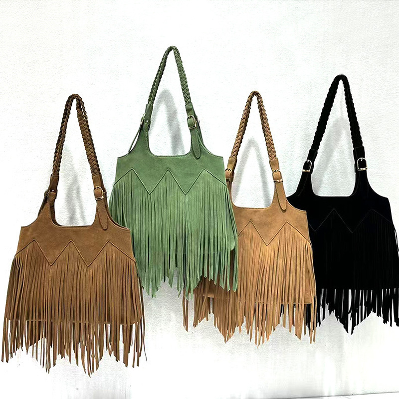 Tassel Bag Large Bag Retro Ethnic Style Bohemian Woven Satchel Shoulder Bag Women's Trendy Travel European and American Style Ol Tassel Bag Large Bag Retro Ethnic Style Bohemian Woven Satchel Shoulder Bag Women's Trendy Travel European and American Style Ol