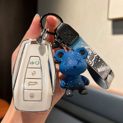 high-grade buckle shell | Car key bag - geely-d-smart-4-key-single-shell-white-blue-violence-bear-pendant