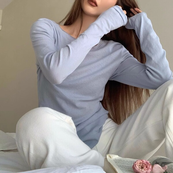 Spring summer fitted thin base long-sleeve with a round collar