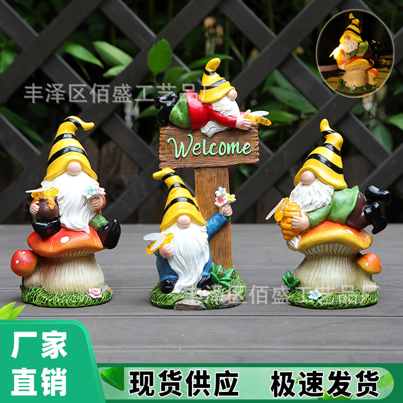 Decoración de patio transfronterizo lámpara solar Elf bienvenido tarjeta enana hongos resina artesanía goblin ornamentos