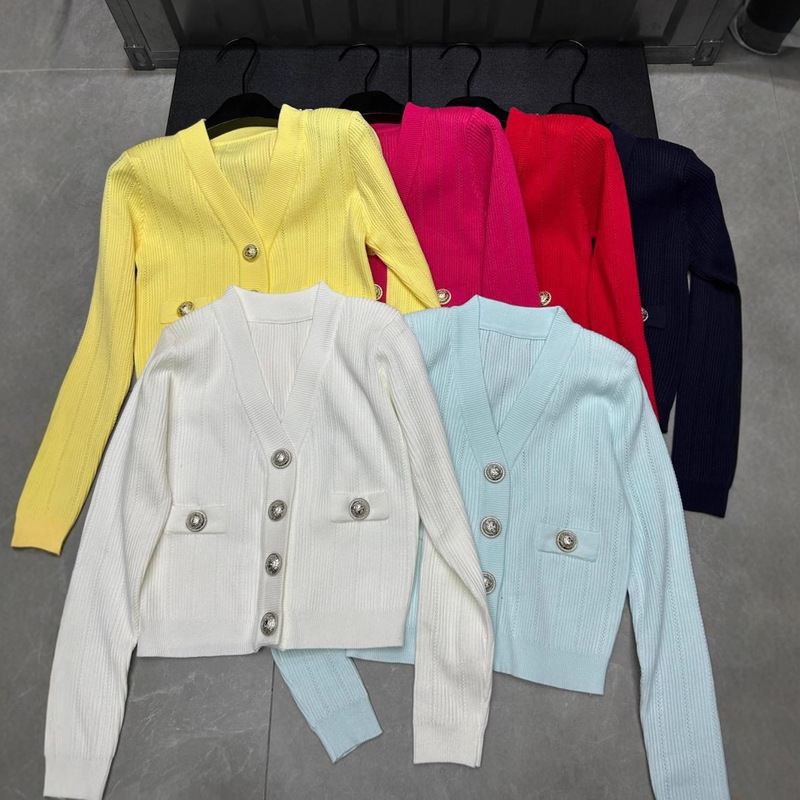 25 New Autum Style Bajia Multi-Color Knitted V Neck Metal Button Long-Sleeved Single-Breasted Cardigan Loose and Versatile Top