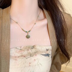 仿天然石平安锁项链女新中式编绳小众锁骨链古风新款高级感配饰品