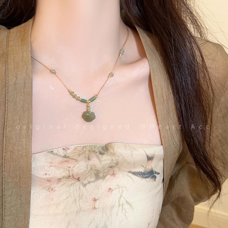 仿天然石平安锁项链女新中式编绳小众锁骨链古风新款高级感配饰品|undefined