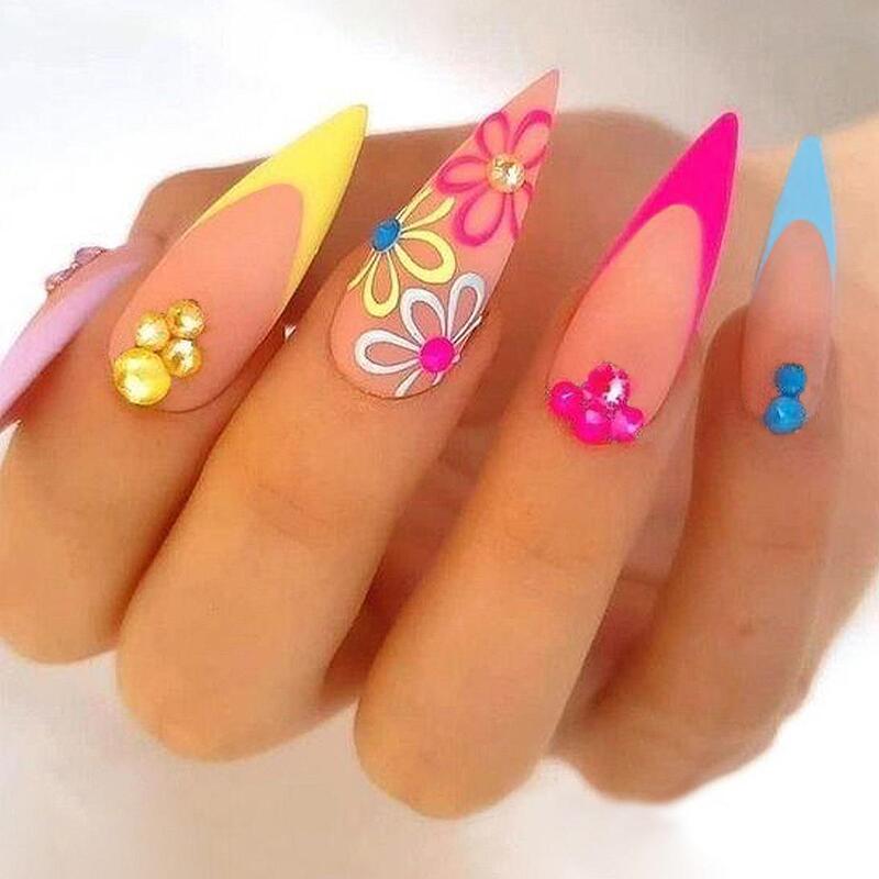Wear Nail Drop Pointed Nail Piece Rainbow Flower with Diamond Wearable Nail Paste Fake Nail French Nail Piece