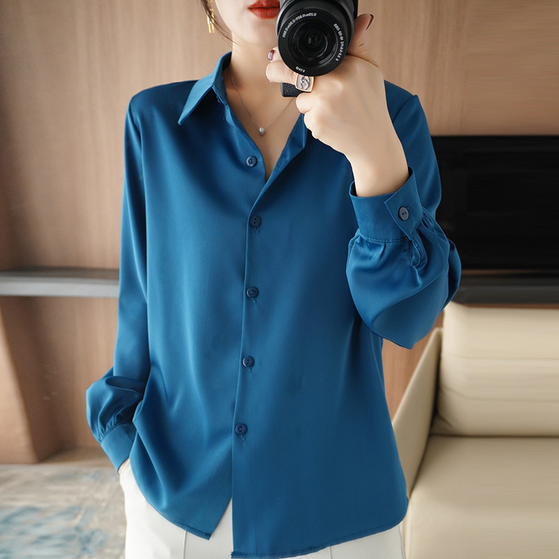 2025 Spring New Acetate Satin Shirt Women's Long Sleeve Loose Large Size Ice Silk Top Mulberry Silk Shirt