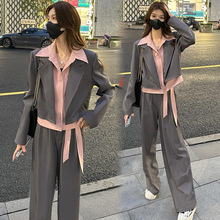 2025新款春季休闲时尚假两件西装套装女高级感阔腿裤三件套设计感
