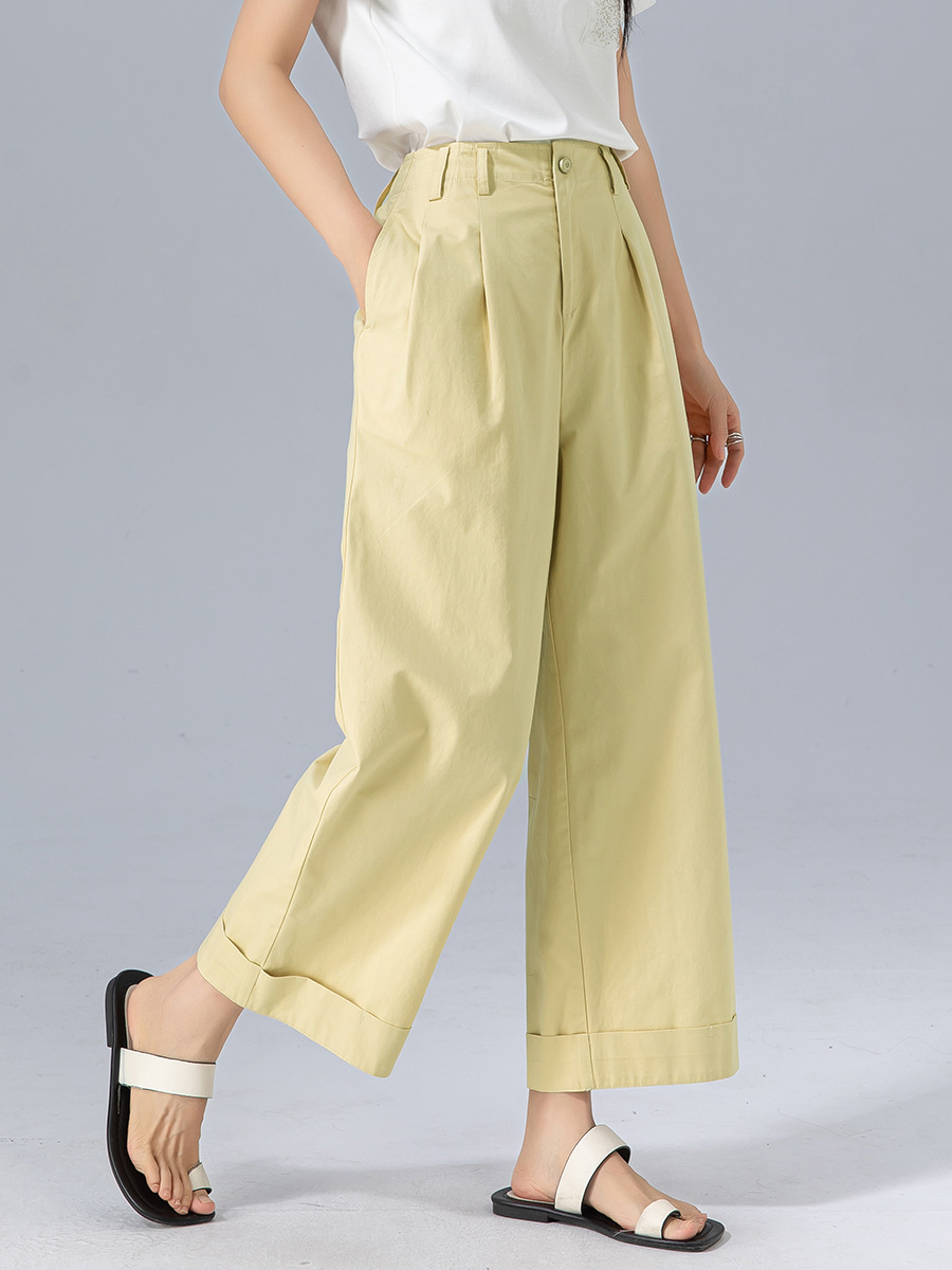 Quần culottes nữ ống rộng cạp cao chất liệu cotton wash — màu vàng
