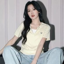 美式半拉链假两件短袖T恤女短款夏季黄色V领掐腰褶皱纯棉小众上衣