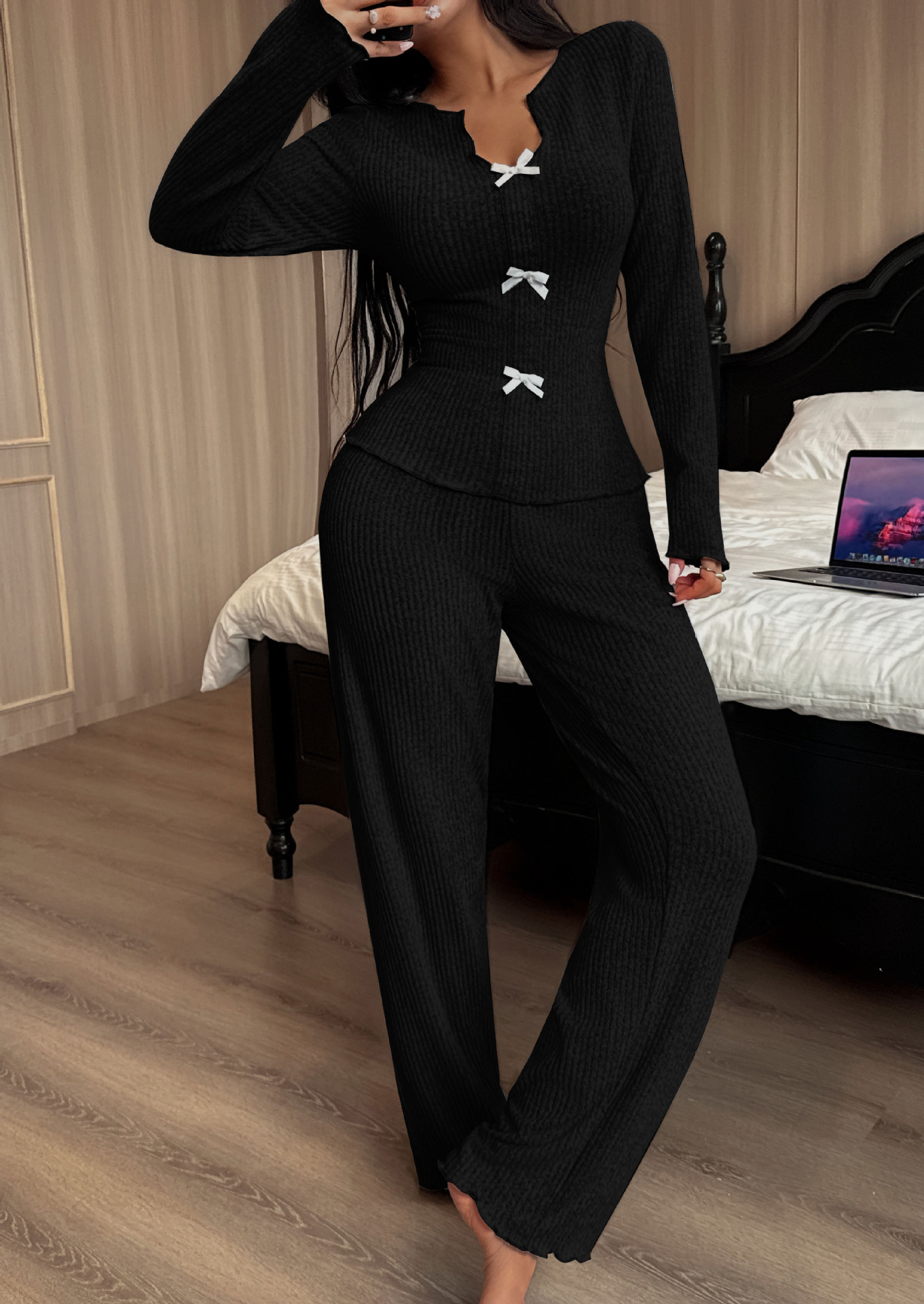 Dam pyjamasset stickad med rosett v-ringad topp och byxor_voghion.com