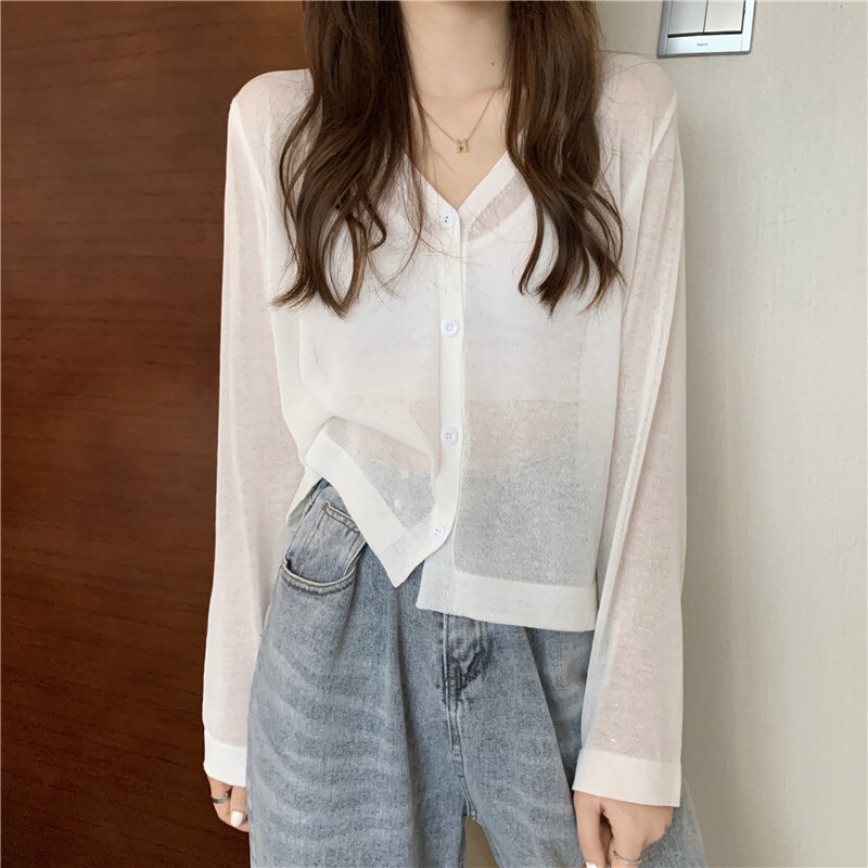 Summer thin ice silk blouse sun protection knitted cardigan women's coat with suspender skirt outer wear micro transparent long sleeve air conditioning shirt