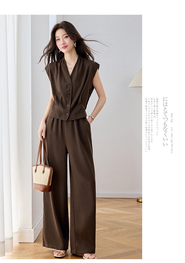 Bộ vest nữ hai dây phối quần ống rộng — màu kaki, màu trắng ngà, màu cà phê chi tiết 14