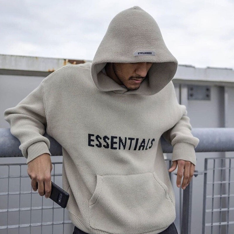 Fog Multi-Line Letter Hooded Sweater High Street Fashion Brand Essentials Loose Long-Sleeved Knitwear Warm Sweater