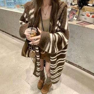 韩系复古条纹连帽慵懒针织开衫女秋冬季宽松软糯长款毛衣外套