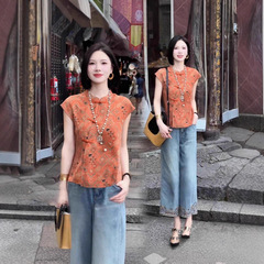 新しい中国風のシャツ女性のための 2025 夏の新しいレトロなボタン付きトップスリムシャツ