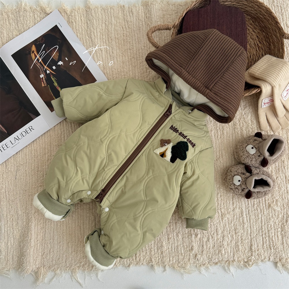 Ropa de bebé Ropa de invierno más mono acolchado de terciopelo Hombre bebé con capucha gruesa chaqueta de algodón caliente