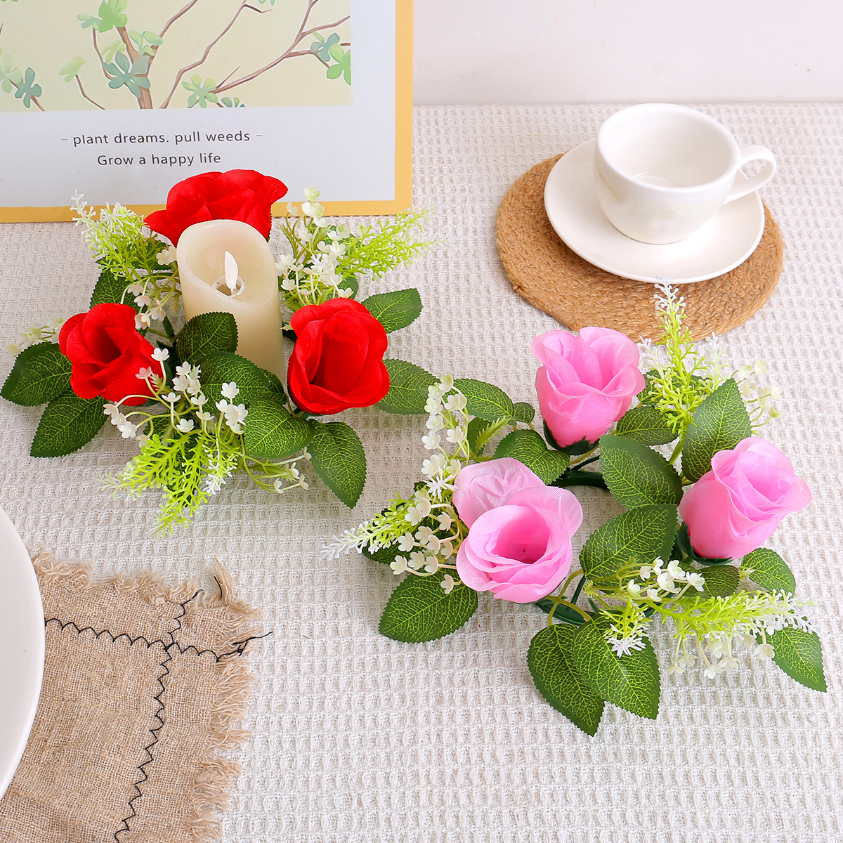 Boda transfronteriza simulación flor de rosa candelabro corona Día de San Valentín sala de estar vela copa decoración anillo de ratán decoración de escritorio