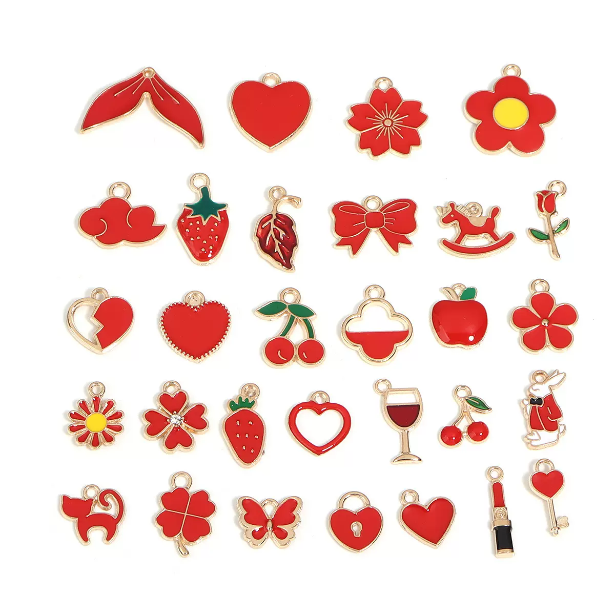 跨境红色系列合金滴油DIY饰品配件樱桃蝴蝶结爱心钥匙扣耳环吊坠