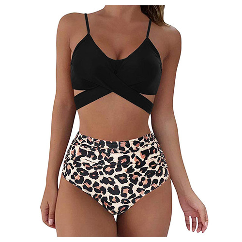 European and American Leopard Print Crossed High-Waisted Split Bikini Sexy BIKINI Swimsuit Women's Factory Direct