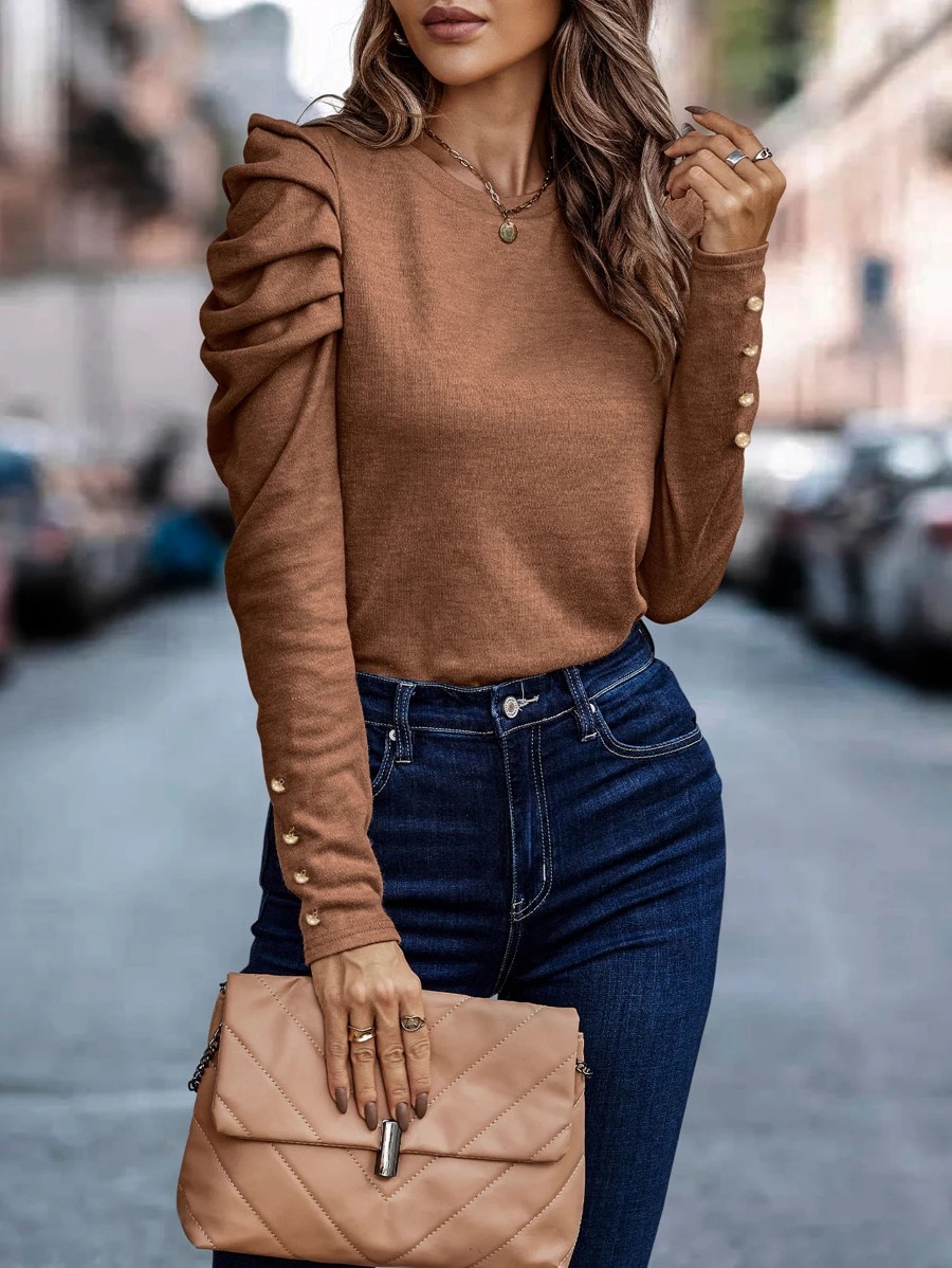 Street Occasion Round Neck Neckline Comfort Function Wholesale Women's Casual Solid Color Long Sleeve Button T-Shirts
