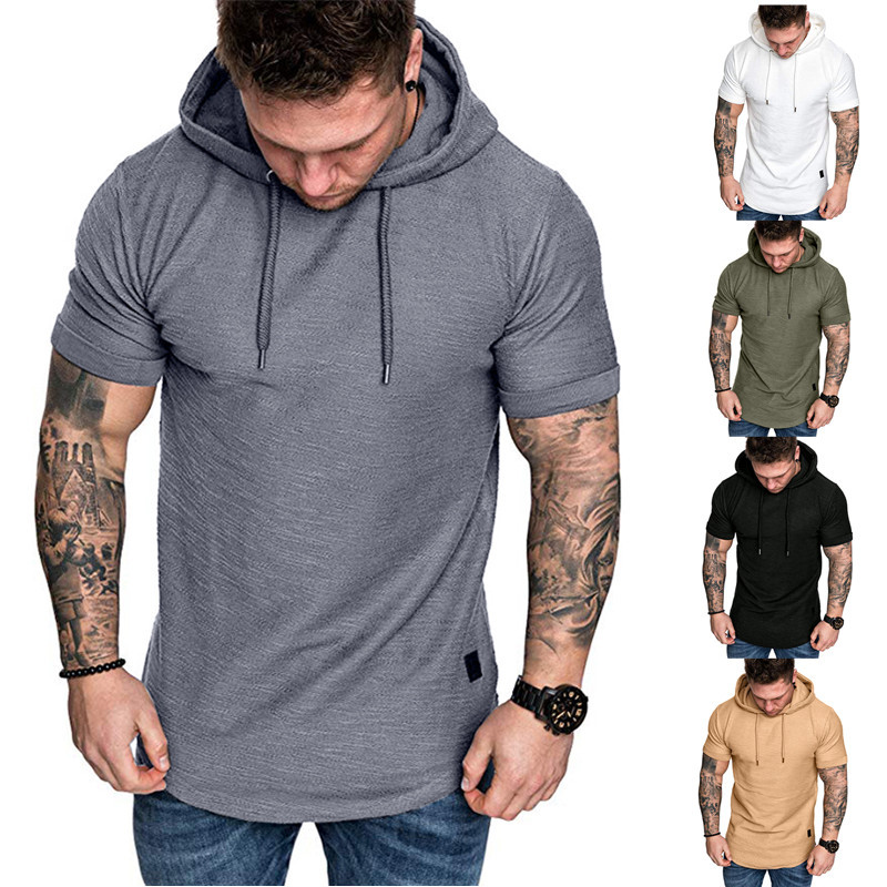 Men'S Pure Slub Cotton Hooded T-Shirt Casual Short Sleeve T-Shirt