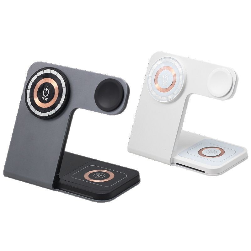 Cargador inalámbrico tres en uno magnético transfronterizo de 15W, soporte para teléfono móvil, aleación de aluminio, carga rápida conveniente, cargador inalámbrico