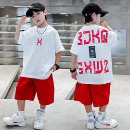 童装男童夏季2024新款中大童韩版洋气字母休闲宽松印花套装两件套