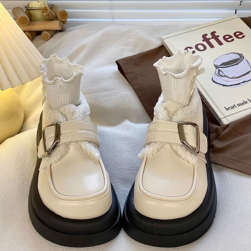 白色厚底加绒小皮鞋女2023冬季新款复古英伦风日系jk保暖乐福单鞋