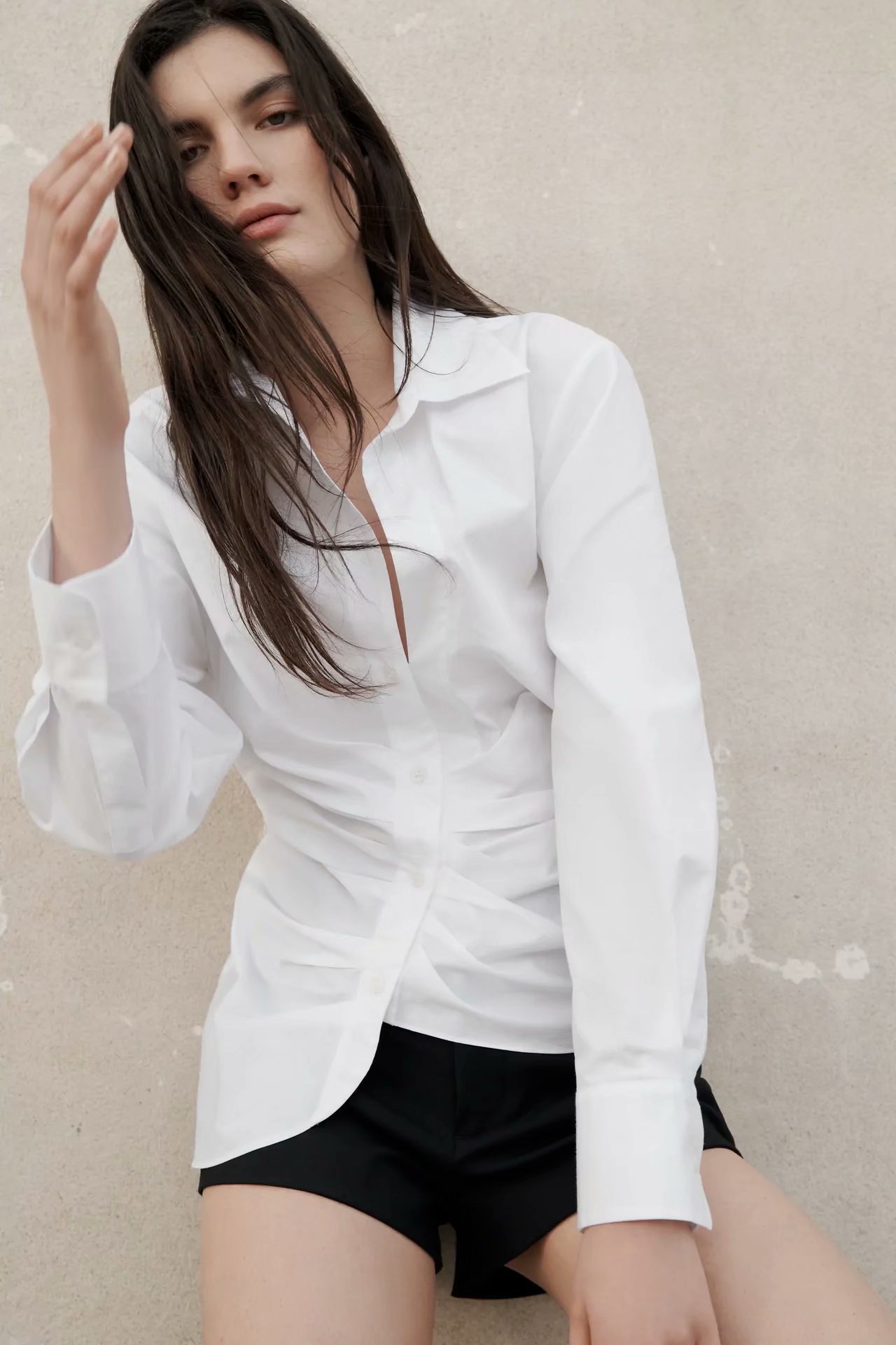 spring pleated irregular poplin blouse NSAM42202