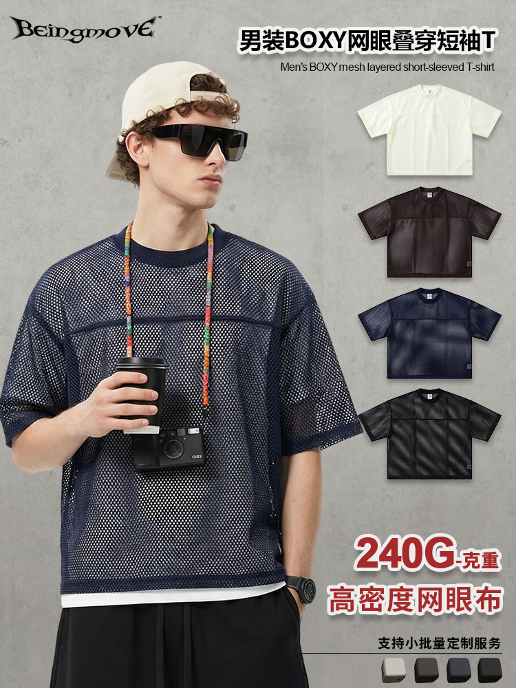 Calle secada| Ropa de hombre de verano Boxyfit malla plegable de manga corta T camiseta de cuello redondo casual europea y americana de moda para hombres