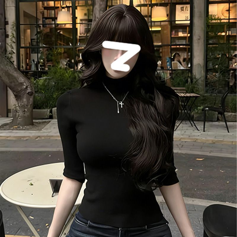 Spring and Autumn European and American Sweet-Cool Style Black Slim-Fit Half-High Collar Mid-Sleeve Base T-Shirt with a Full Aura and Proportion-Enhancing Design Spring and Autumn European and American Sweet-Cool Style Black Slim-Fit Half-High Collar Mid-Sleeve Base T-Shirt with a Full Aura and Proportion-Enhancing Design