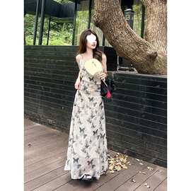 新品水墨蝴蝶印花吊带连衣裙女气质感长款裙子2026夏季新款