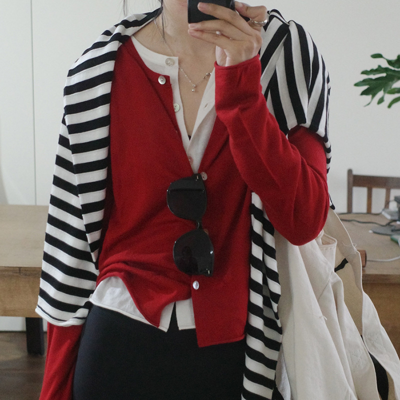 慵懒风休闲百搭柔软舒适圆领长袖针织衫打底衫开衫上衣女|undefined