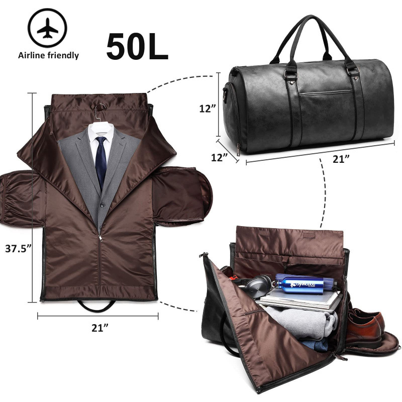 Bolsas de ropa de transporte de cuero de viaje bolsa de equipaje convertible traje de hombre bolsa de viaje zapatos compartimiento