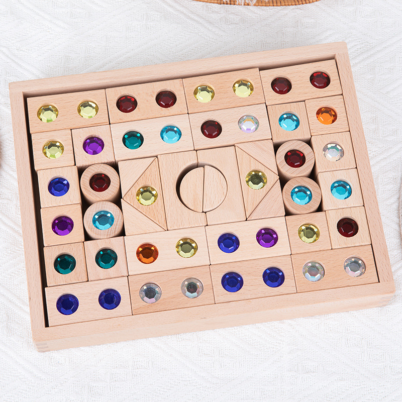 木制亚克力宝石积木立方体玩具炫彩彩虹水晶儿童建构拼搭堆块