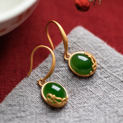 Jewelry live supply court-style design ancient style gold-plated temperament lady earrings with jade inlay from Hetian jade