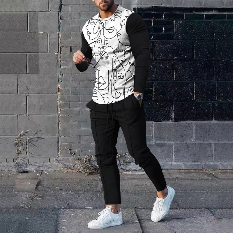 2023欧美跨境春季新款男装时尚休闲套装3D印花圆领卫衣卫裤套装男