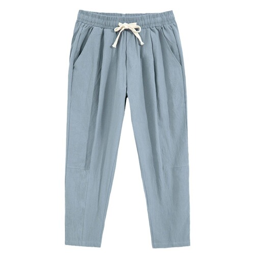 New Chinese-style cotton and linen pants for men, summer thin loose wide-leg pants, cotton and linen and harem casual pants, simple quarter pants for men