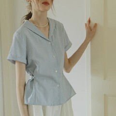 法式通勤海军领蓝色条纹短袖衬衫女夏季学院风减龄显瘦上衣