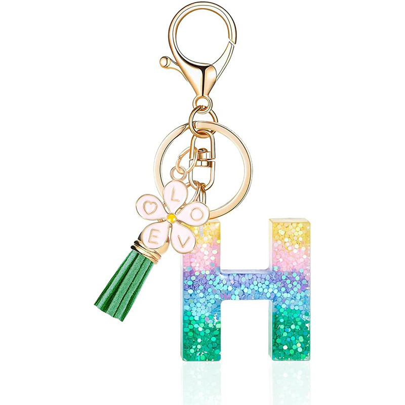 Pink Flower Pendant Letter Initial Keychain Colorful Alphabet Keychain, Green Tassel Keyring