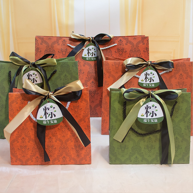 端午节粽子礼品袋绿色包装袋加厚蝴蝶结手提纸袋生日大小号礼物
