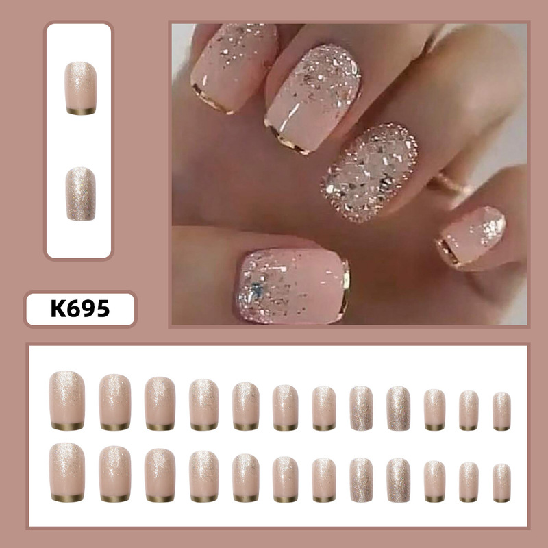Cross-Border 24-Piece Medium-Length Rectangular Manicure French Gold Edge with Glitter Wearable Nails Cross-Border Removable Fake Nail Patches