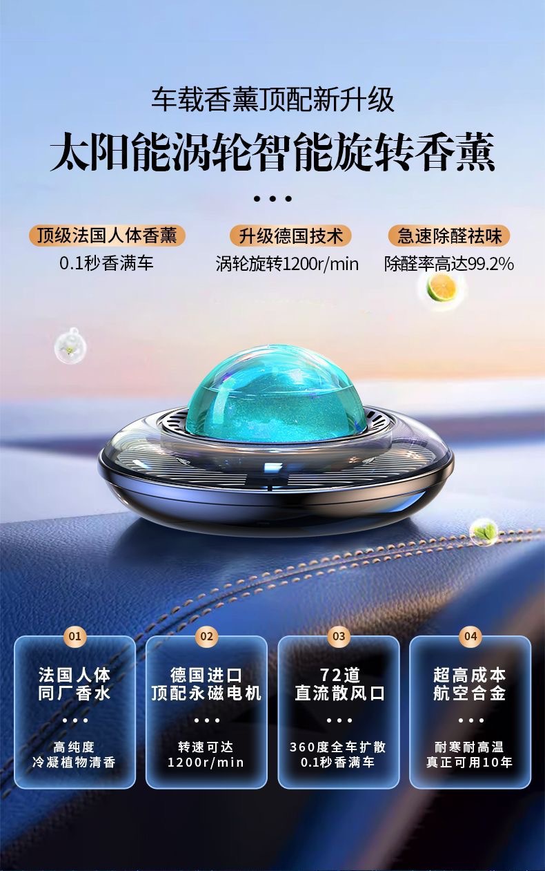 Car Aromatherapy Solar-Powered Car Perfume Rotating Long-Lasting Fragrance Decoration High-End Car Interior Ornament
