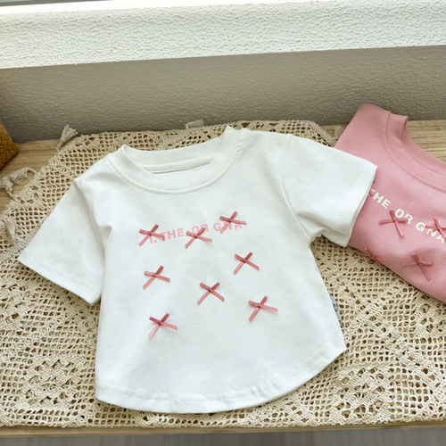 Kids Short Sleeve T-Shirt Summer Unisex Fashion Baby Girl Summer Outfit Base Shirt Girl with Bow Tie Clothing Trendy T-Shirt Top