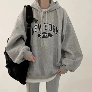 Korean chic autumn and winter fashion all-match letter printing fleece-lined thick hooded sweater women's loose slimming top