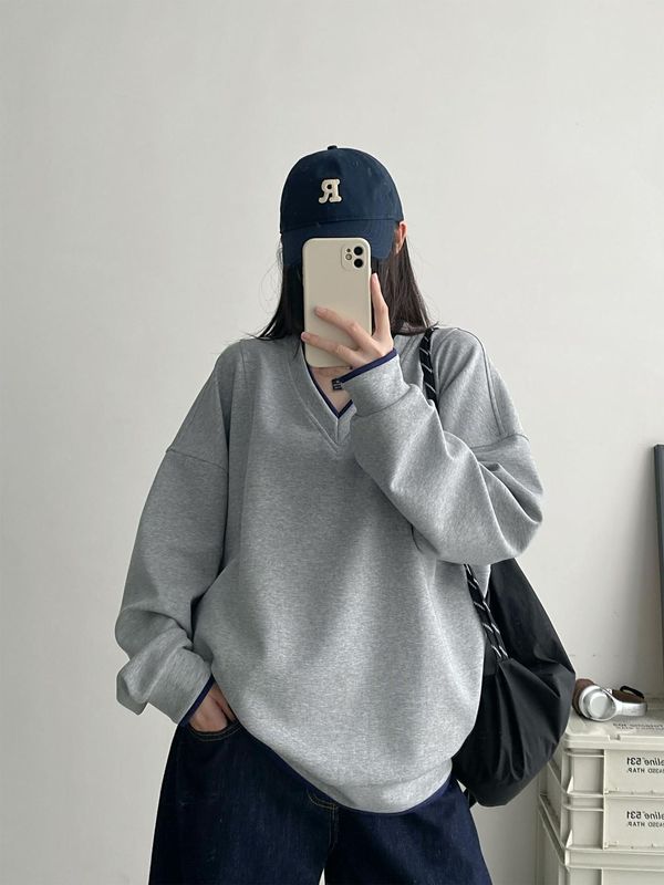 美式复古v领卫衣女2025秋冬季新款宽松休闲慵懒风灰色假两件上衣|undefined