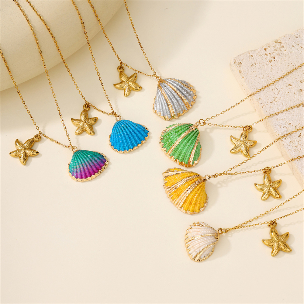 Patchwork, Inlay Design Wholesale Jewelry Simple Style Classic Style Shell 304 Stainless Steel Patchwork Inlaid Shell Pendant Necklace