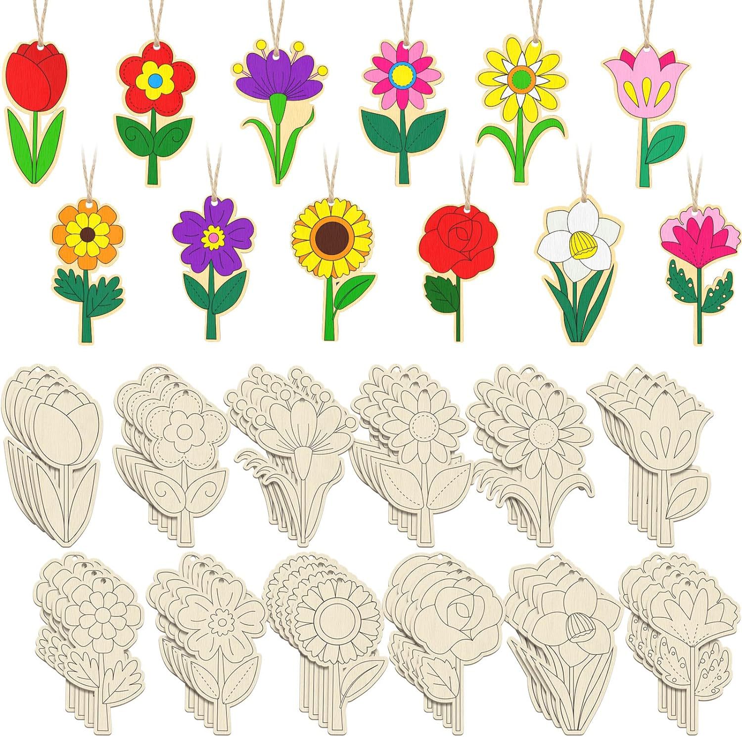 48 pieces wooden spring flower shape children's DIY flower wooden…