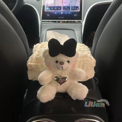 Seat-Mounted Car Tissue Holder Decorative | Car tissue box/set - black-bow-necklacewhite-bear-armrest-box-tissue-holder