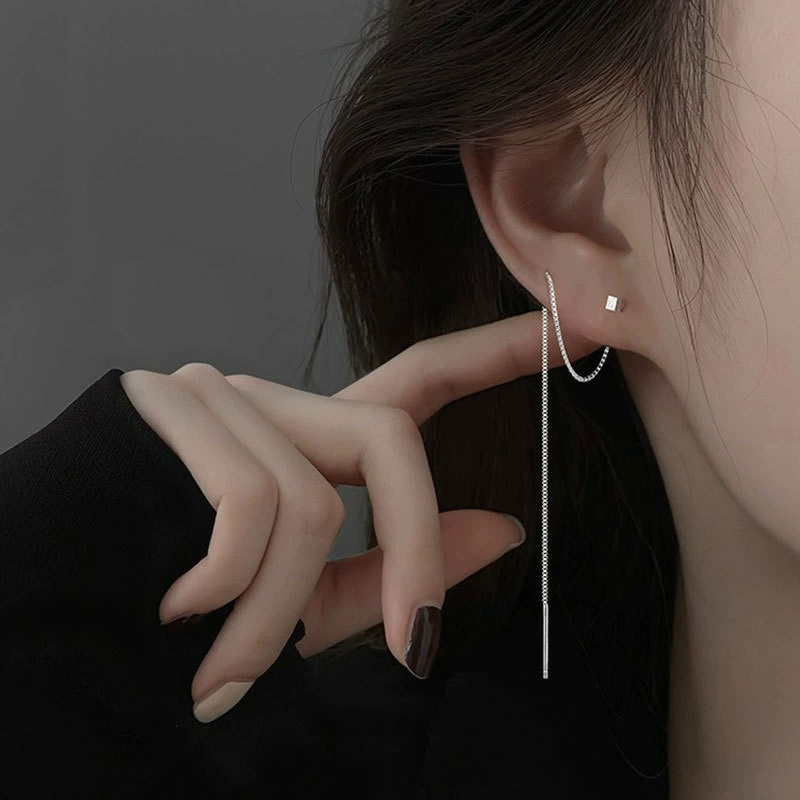 Long Square Tassel Earrings, Silver-Needle Posts, 10–13 cm, Simple Elegant Design